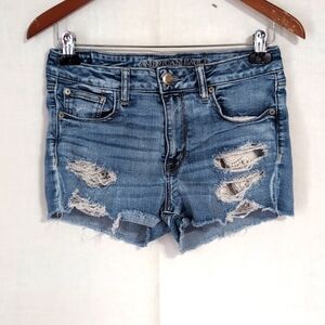 American Eagle High Rise Shortie Lace Pocket Distressed Denim Shorts Size 8